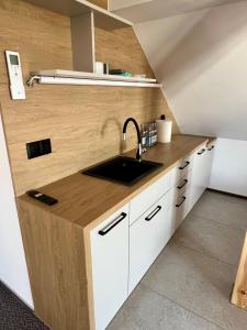 a kitchen with a sink and white cabinets at Silence in Zator