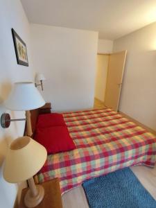 a bedroom with a bed with a plaid blanket and a lamp at Le Carré Coloré in Ustou