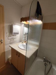 a bathroom with a shower and a sink and a tub at Le Carré Coloré in Ustou +15 photos