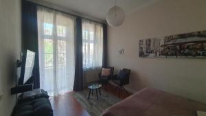 a living room with a couch and a large window at Am Pontepark in Görlitz