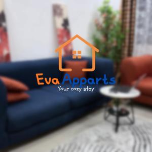 a logo of a blue couch with a house on it at Eva Apparts "situé à Kotto Baden Baden" - PARKING CAMERA BALCON WIFI CLIM CONFORT in Douala