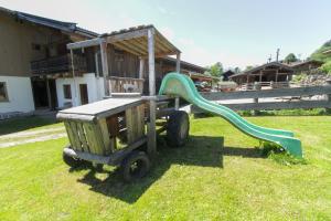 a playground with a green slide in the grass at Herzoghof in Leogang