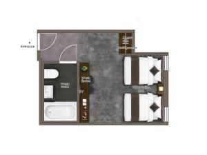 an overhead view of a floor plan of a condo at PROSTYLE Ryokan Yokohama Bashamichi in Yokohama