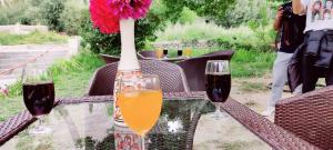a glass table with two glasses of wine and a vase at Yarab tso hotel Tigger Nubra in Nubra