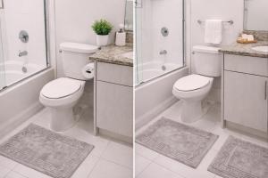 a white bathroom with a toilet and a shower at 2b apartment by the Ocean in Sunny Isles Beach