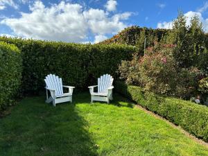 two white chairs sitting in the grass next to a hedge at Tswalu in Raglan +1 photo