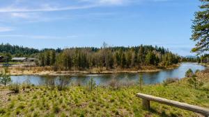 a bench sitting next to a river with trees at BOTHR Steelhead in McCall