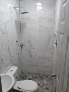 a bathroom with a shower and a toilet and a sink at Hermoso apartamento in Soledad