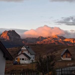 a house in a field with mountains in the background at Apartman JOVANA in Žabljak
