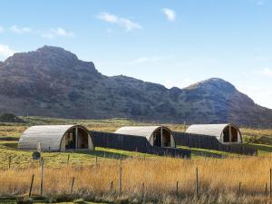 a row of domes in a field with mountains in the background at Katie's Pod in Acharacle