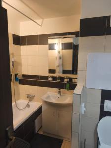 a bathroom with a sink and a tub and a toilet at Apartmán Eli in Gerlachov