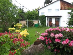 a garden of flowers in front of a white house at Ferienhaus Olbersdorf in Olbersdorf