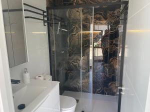 a bathroom with a toilet and a glass shower at Ferienhaus direkt am Strand mit Terrasse und Meerblick in Torrevieja in Punta Prima