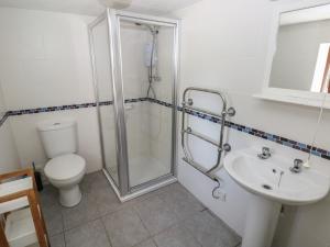a bathroom with a shower and a toilet and a sink at Ramsgrove in Swansea +14 photos