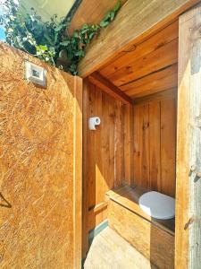 a bathroom with a toilet in a wooden wall at Ziggiho chalupa in Pliešovce +34 photos