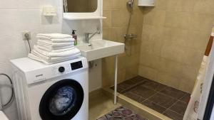 a bathroom with a washing machine and a sink at SeaAdrik in Bar +41 photos