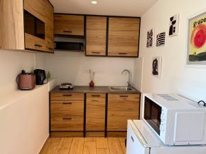 a small kitchen with wooden cabinets and a microwave at Marina in Aghia Marina
