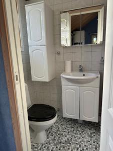 a bathroom with a black toilet and a sink at Boende nära sjö i Gyltige Simlångsdalen in Simlångsdalen