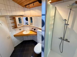 a small bathroom with a sink and a shower at Vue imprenable Léman - Cosy à Chexbres in Chexbres