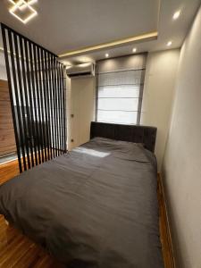 a bedroom with a bed in a room with a window at Lux Apartman Inđija in Inđija