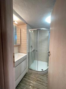 a bathroom with a shower and a tub and a sink at Taygetos hut in Dhirrákhion