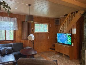 a living room with a couch and a tv at Ferienhaus in Finsterbergen in Friedrichroda