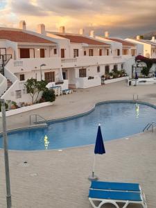 a swimming pool with a blue bench in front of a building at Port Royale MONTANA in Arona