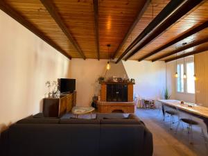 a living room with a couch and a fireplace at Casa Claudia Pieve centro storico in Tremosine Sul Garda