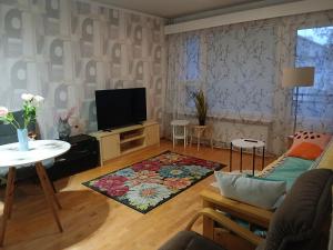 a living room with a couch and a tv at Siisti valoisa kolmio in Lieksa