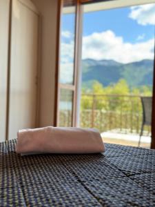 a purse sitting on a table in front of a window at Albergo Mezzolago in Calceranica al Lago