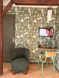 a room with a chair and a tv on a wall at Appartements 56 in Senlis
