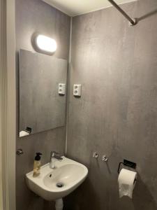 a bathroom with a sink and a mirror at Ner-Grefstad gard in Kallstad +6 photos