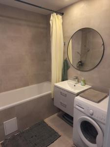 a bathroom with a washing machine and a sink at Apartmán s balkonem in Most