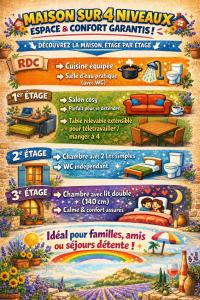 a flyer for a living room with furniture and flowers at Maison de la Liberté - Petite maison à 4 étages in Nyons