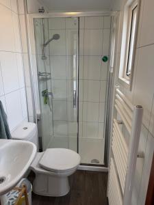 ein Badezimmer mit Dusche, Toilette und Waschbecken in der Unterkunft J 187 in Petten + 4 Fotos