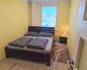 a bedroom with a bed with a large window at Apartmán s balkonem in Most