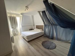 a bedroom with a bed with blue curtains and a rug at Maison Salignac 9 personnes in Salignac Eyvigues
