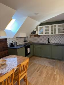 a kitchen with green cabinets and a table with chairs at Apartma Pr'Toman in Kamna Gorica