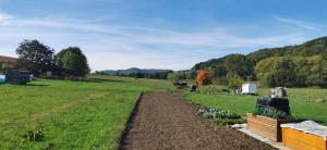 a field with a farm with cows in the distance at Ferienwohnung Rhön Natur in Hilders