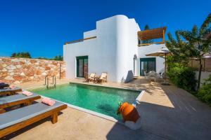 a villa with a swimming pool in front of a house at Gemini Villas in Theologos