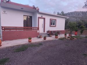 a small house with potted plants in front of it at Garden studio N4 in Archangelos