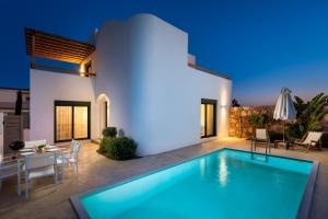 a villa with a swimming pool in front of a house at Gemini Villas in Theologos