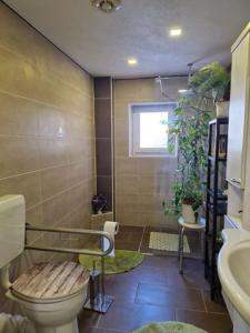 a bathroom with a toilet and a sink at Pension Lehmann in Köthen +56 photos