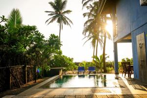 a swimming pool with two blue chairs and palm trees at Nayan's Paradise in Kottanitivu