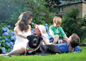 a group of people sitting in the grass with a dog at Kilminorth Cottages in Trelaske