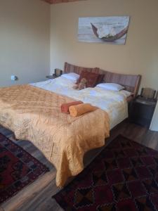 a bedroom with a bed with a dog laying on it at Rohonci Vendégház in Kőszeg