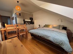 a bedroom with a bed and a table and a kitchen at Apartmán Kašperk in Vacov +29 photos