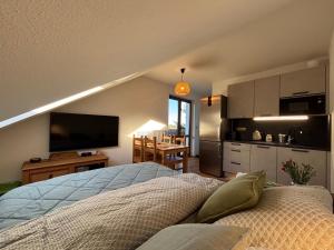 a room with a bed and a kitchen with at Apartmán Kašperk in Vacov