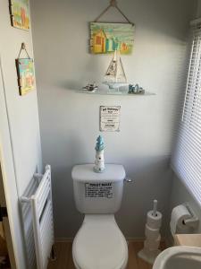 a bathroom with a toilet with a toy boat on the tank at Konies Place Golden Anchor Free WiFi Bedding Included in Chapel Saint Leonards