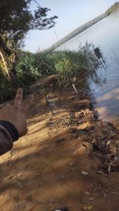 a person pointing at the shore of a body of water at Rancho dos dourados in Três Marias